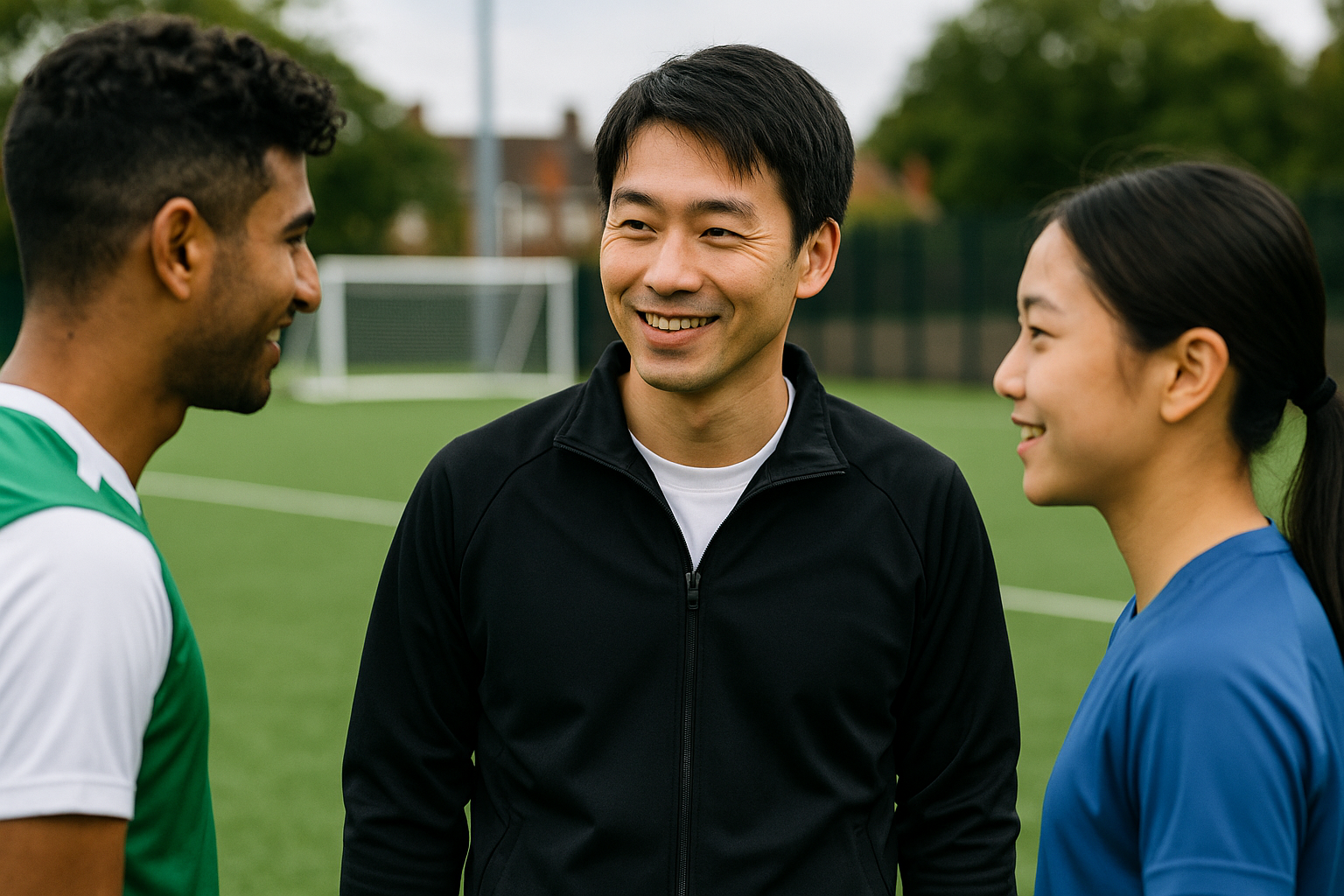 イギリスでサッカー留学をサポートする日本人スタッフと留学生の安心のコミュニケーション風景